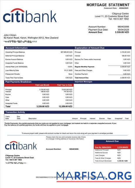 Realistic New Zealand Citibank New Zealand mortgage statement Word and PDF template